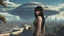 Placeholder: exotic slim sci-fi girl, with long dark hair with bangs, on an alien planet with tall cloud trees, tall spires, buildings, bridges, arches, photorealistic