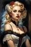 Placeholder: Blonde Thin very curvy Scandinavian Woman 30yo, Big Eyes, Long Eyelashes, Eyeshadow in a victorian corset dress flirting by Gil Elvgren and Alex Ross and Carne Griffiths, detailed painting with dramatic shading, at night