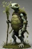 Placeholder: Humanoid tortle, standing upright, old, unfriendly, weathered,weeds and vines growing on body, shell covered in moss, carrying a staff in hand, wearing torn rags.