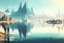 Placeholder: Sunny day, distant modern city, lake, lake reflections, people, mountains, sci-fi
