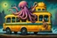 Placeholder: Surreal Octopus driving a school bus, by Michael Whelan, by John jude Palencar, surreal horror art, alcohol oil painting, reactive UV dark colors, maximalist, palpable textures, distressing hues, Palencar's distinctive visceral style, detailed line work, rich sharp colors.