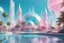 Placeholder: a futuristic and cosmic city. , The building are light and pastel colored made with cristal, sweet shapes, domes. The building are small There are green palm trees and fountains, and pink flowers in the foreground and a turquoise lake