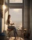 Placeholder: Beautiful, thin young woman, Arab home clothes, wavy hair, sitting on an office chair, reading a novel, next to a window, outside the window is sunset , 8k, finely detailed, photo realistic, cinematic