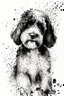 Placeholder: Abstract wet watercolour of a black and white bernadoodle, ink lines, splashy background detailed,focus on eyes, watercolour paper