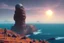 Placeholder: person, exoplanet in the horizon, big stones, cliff, science fiction, epic scene.