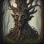 Placeholder: Treant with scary eyes and ebony bark, in rococo art style, background forest