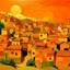 Placeholder: An orange colored town with battery-shaped buildings painted by Vincent van Gogh