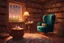 Placeholder: cup of tea in a cozy library with cozy chairs, warm lighting, cottage, cottagecore, illustrated painting