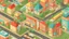 Placeholder: illustration of 100 miniature restaurants and 100 miniature houses on the road city per block. vector 3d style. HD.