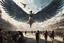 Placeholder: View of a modern Elysium with winged females flying over people running away in fear
