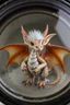 Placeholder: The image depicts a fantastical gremlin duck snow soup, specifically a dragon, with a unique and whimsical appearance. The dragon is positioned in a circular frame, which suggests it might be inside a container or a vessel. The dragon's body is elongated and has a segmented appearance, with a detailed texture that gives it a realistic look. Its head is covered with white, spiky hair, adding to its fantastical charm. The dragon's wings are large and spread out, with orange and white hues.