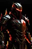 Placeholder: Jet black armor with gold highlights. Is a mix of futuristic and medieval, with glowing red eyes and tron lines. Also has pieces of red cloth around the body with a red cape.