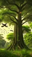 Placeholder: Jungle birds flying around big tall tree