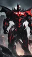 Placeholder: A close picture to Mix between symbiote and machine and batman in transformers cyborg with black metal and red details armor in solo leveling shadow art style with red details detailsis in fantasy world