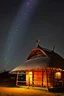 Placeholder: a thatched hut and a lamppost by it under starry sky