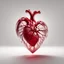 Placeholder: Produce a detailed and photorealistic 16K resolution CGI fine art image of a transparent heart crafted from fragile red glass. The heart contains numerous delicate cracks. It is positioned against a stark white background that presents a striking contrast. The image features intricate and exquisite details, with the heart looking incredibly lifelike, and its structural elements detailed to perfection. The lighting conditions are natural and dramatic, encouraging the reflective surfaces of the he