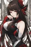 Placeholder: A young woman with pale skin and long brown hair in a modern setting with intricate details. Her attire is sleek black and red. She is smirking, has intense red eyes, intimidating presence, high definition. anime style.