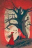 Placeholder: in a cosy vintage style, a beautiful witch marvels at a red tree with the big bad wolf watching her