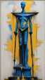 Placeholder: a tough oil brush blue and yellow and black abstract on rough canvas make a surreal figure of a tall and thin sculpture holding the scale of justice in court