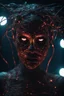 Placeholder: Demon girl, fullbody, creepy, horrifying, sinister, many wires connected to the head lumen lighting, led lights, sparks around her, sparks cybernetic,high lighting, intricate, 8k, macro photography,