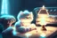 Placeholder: cute chibi fluffy beige bioluminescent cat playing chess sitting on a sofa next to a glowing tiffany lamp in a modern room