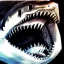 Placeholder: Epic Drawing of Great White Shark smiling underwater Caravaggio, Rafel , 8k