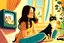 Placeholder: beautiful brunette woman watching tv with a cat, children's book illustration in style of Brigette Barrager, Sven Nordqvist and Nicole Rubel in sunshine