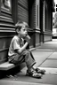 Placeholder: A boy sitting on the sidewalk, smoking a cigarette and wearing sandals