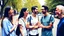 Placeholder: four happy people discussing health and wellness on a street, close up, bokeh