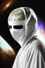 Placeholder: Planet Mercury portrayed as a masked human wearing robes, the right side of the mask is black with open white eye, the left side of the mask is white with closed eye.