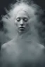 Placeholder: translucent female face barely visible from very dense white smoke and fog, translucent ghost-like face with lots of white hair, lots of fog in the background, surreal style