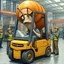 Placeholder: A giant snail in a factory driving around in a forklift, and are in the way for every worker, other angry workers stands around the snail and yell at him, pointing and give him the middle finger