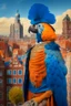 Placeholder: Half parrot half human in a 1700s Orange Dutch uniform next to a Dutch city with blue feathers