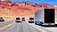Placeholder: A police Tesla Cybertruck is chasing a Tesla 'Model S Plaid' at top speed, at the 'Lake Mead', in Nevada. CINEMATIC. WIDE ANGLE LENS.