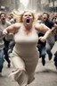 Placeholder: an obese terrified blonde woman running away from an angry mob of hundreds chasing her