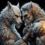 Placeholder: the anthropomorphic strong gray hairy body wolfman name Teo, holds between his paws the anthropomorphic pale hairy body wolfwoman's face , they look at each other, blur background, high detalied, high realistic, sci-fi and fantasy mood