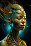 Placeholder: Create a surreal, futuristic portrait of a humanoid woman organic hair figure with a bright, skin surface. The figure’s head and upper body are partially disintegrated, revealing intricate, glowing, organic structures beneath the surface. The inner structures are illuminated with teal and golden hues, resembling bioluminescent veins or energy cores. The figure is in a contemplative pose, with one hand gently touching its chin. The background is minimal and abstract, allowing the focus to remain