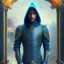 Placeholder: handsome hooded male mage with steel blue floral and botanical men's suit details, sharp eyes, mixed gemstones, magic, intricate, high details