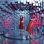 Placeholder: make a picture pretty stage made of metallic blue-gray teme 3d recursive cubic and sphere base structures and a beautiful fashion model lady posing with cute in black and white and the scene is in color,with dark red top and pretty pleated midi skirt ,makeup curvy long hair,dynamic camera zoom to full body and pan, dynamic lights.