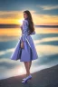 Placeholder: half body shot,realistic portrait of a 20-25 old caucasian model, long blue pink flowing hair, great grey eyes, blue leather jacket,full body, short white skirt,long legs,standing at beach of very nive lake with sunset ,clouds,godrayes