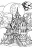 Placeholder: A haunted house with bats flying around and a full moon in the background. Outline, sketch style, only use outline, mandala style, clean line art, white background, no shadows, no clear wall, coloring page.