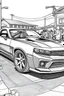 Placeholder: coloring page, A classic Chevrolet Camaro with custom modifications at a car meet-up. alternative parked on the asphalt street, cartoon style, thick lines, few details, no shadows, no colors, centered in the image