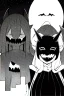 Placeholder: girl with demon mask in big bedroom with many objects, grayscale