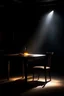 Placeholder: well done hot steak on a small table in a dark empty room with fork stabbed in the middle of the steak with a theatre spotlight on it with lightening striking