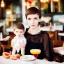 Placeholder: Russian guy boyish boylike short man's haircut boyish features in black girlish lacy cocktail dress as mother in restaurant