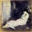 Placeholder: depressed woman typing at a smartphone laying on the floor of a dark bedroom, by berthe morisot