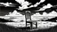 Placeholder: broken wooden chair, anime, monochrome, black background, ink, simple, maximum quality, broken hinge, barely functioning, centered on frame, far view, in the middle of a grassy hill, white sky with cumulonimbus