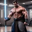 Placeholder: over muscular jedi with gigantic biceps with veins in the training room alone with his lightsaber down