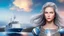 Placeholder: half body shot,realistic portrait of a 20-25 old caucasian model, long blue pink flowing hair, great grey eyes, blue leather jacket,full body, short white skirt,long legs,standing on deck of very big ship, beach of very nice lake with sunset ,clouds,godrayes