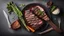Placeholder: Medium rare grilled Tomahawk beef steak with asparagus. Flat lay with copy space